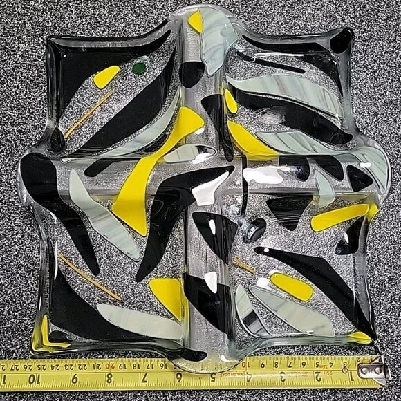 Art Glass Divided Section Dish Tray Abstract Clear Yellow Black - Picture 8 of 8